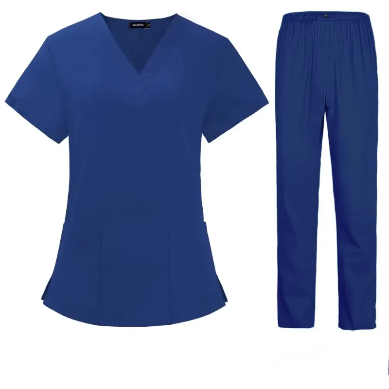 A set of lightweight pet grooming uniforms in royal blue, featuring a V-neck scrub top and matching pants.