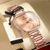A stunning Luxury Waterproof Women's Watch with a rose gold stainless steel strap, displayed in elegant white packaging.