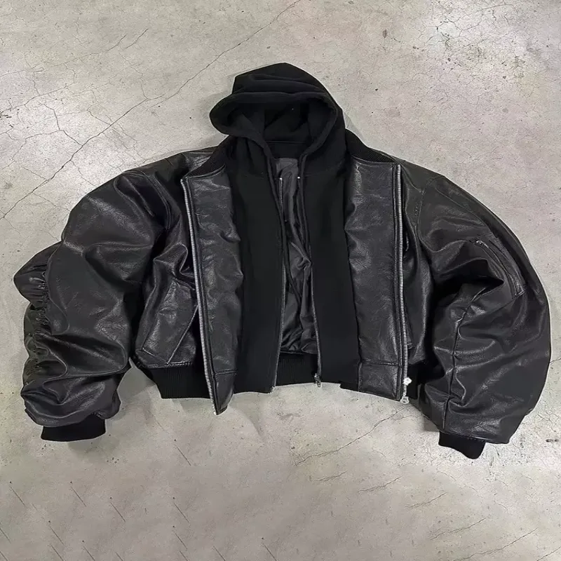Oversized Black Leather Bomber Jacket with a hooded layer underneath, showcasing its bold and edgy design.