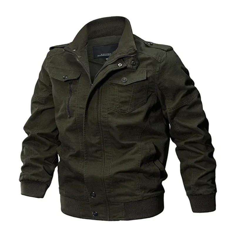 Men’s slim fit cotton bomber jacket in army green with zipper
