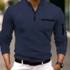 Navy Blue Checkerboard Zip-Up Polo Shirt with Textured Grid Pattern