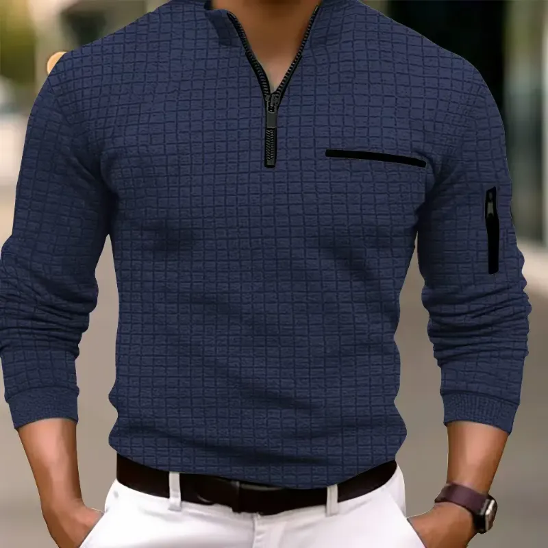 Navy Blue Checkerboard Zip-Up Polo Shirt with Textured Grid Pattern
