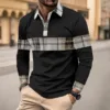 Man in a beige long-sleeve polo shirt with a black and white checkered contrast collar.