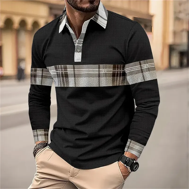 Man in a beige long-sleeve polo shirt with a black and white checkered contrast collar.