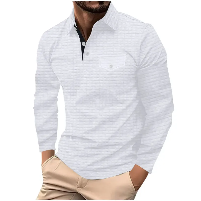 A man wearing a crisp white men's long sleeve polo shirt with a textured design and a chest pocket.