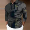 Men's plaid casual fashion polo shirt in dark gray with bold geometric patterns.