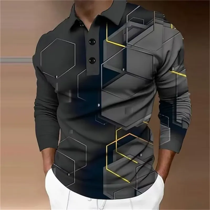 Men's plaid casual fashion polo shirt in dark gray with bold geometric patterns.