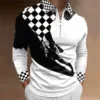 White men's plaid polo shirt with a black checkered pattern and a half-zip closure.