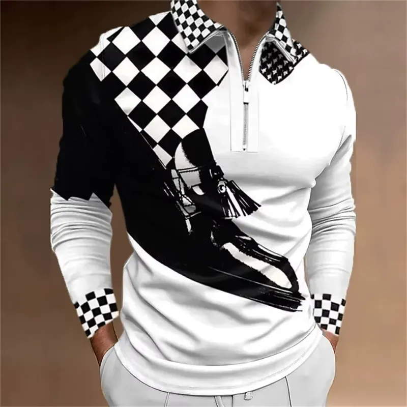 White men's plaid polo shirt with a black checkered pattern and a half-zip closure.