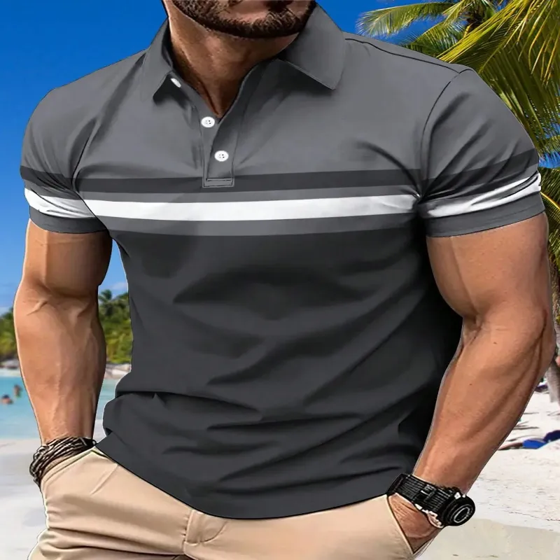Men's sophisticated gray polo shirt with white and black stripes, styled against a tropical beach setting.