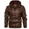 Close-up of eco-friendly PU leather texture on men’s winter jacket