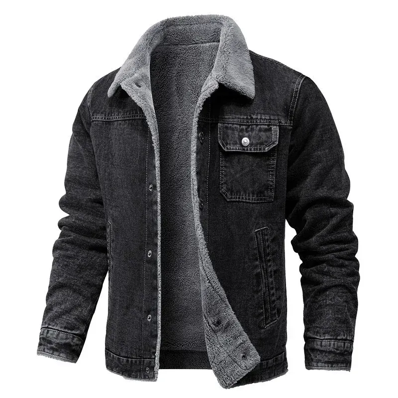 Close-up of sherpa fleece lining inside denim jacket for men