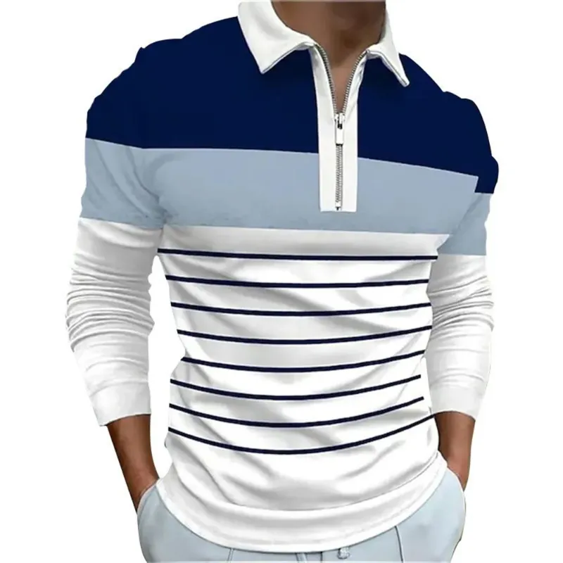 Men's stylish long-sleeve polo shirt in navy blue and white, featuring bold horizontal stripes and a color block design.