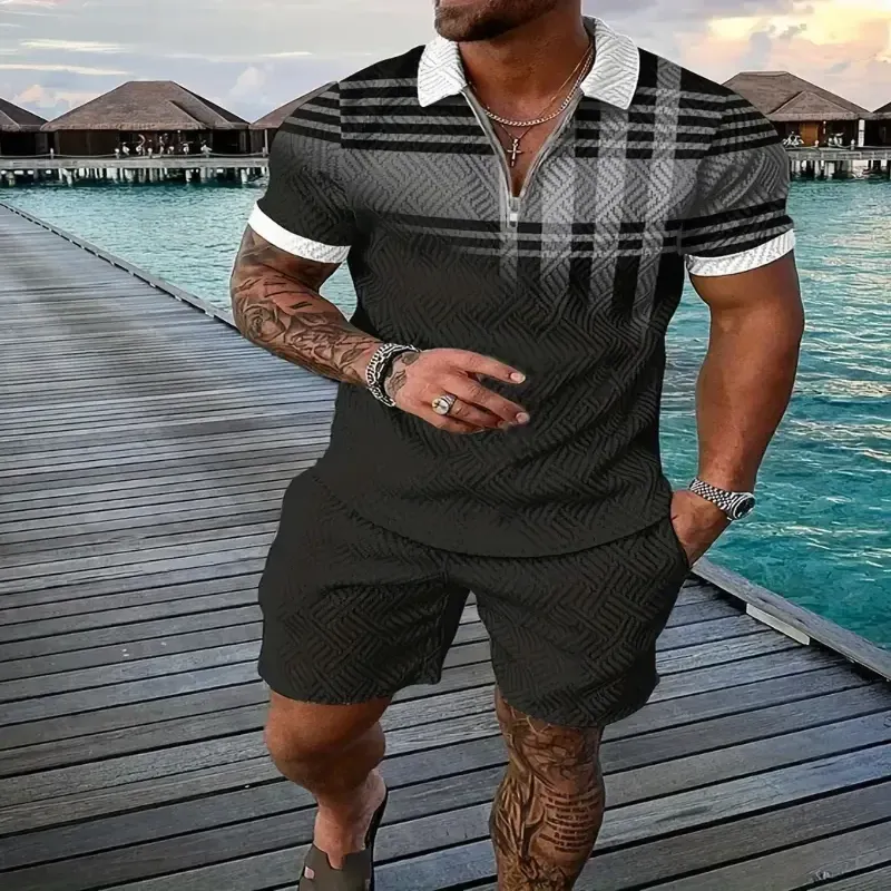 Men wearing zipper POLO shirt and shorts in a casual summer outfit