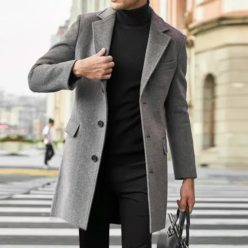 Men’s Windbreaker British Style Wool Coat on Model