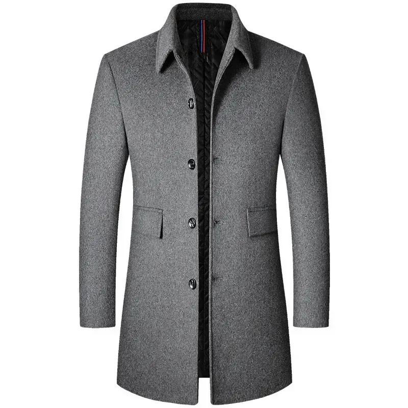 Men's winter coat front view – wool long jacket with turn-down collar