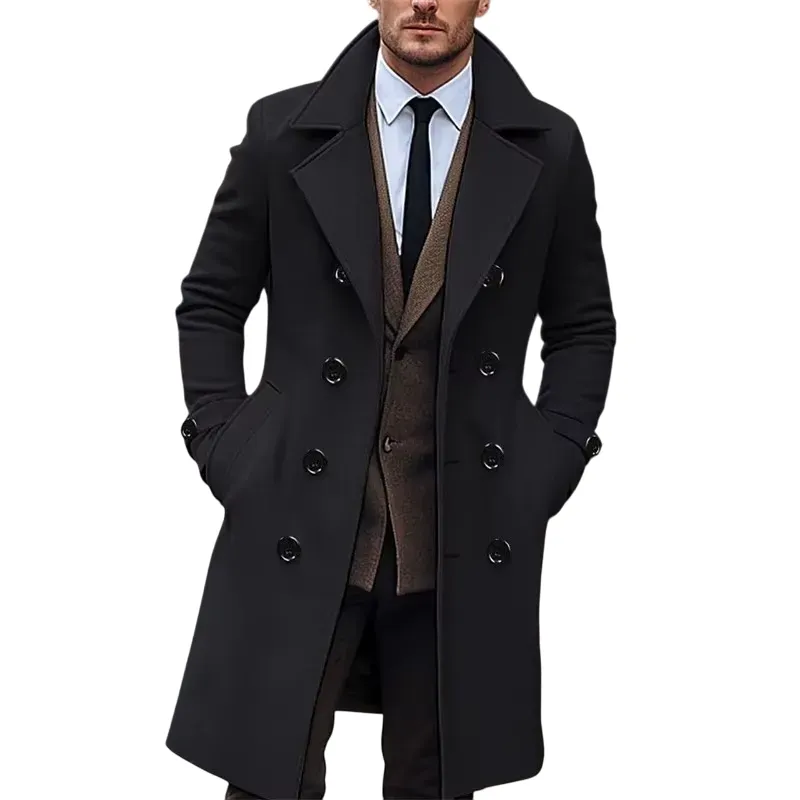 A dapper Men's Wool Trench Coat in black, paired with a white shirt and tie, showcasing its sleek design and commanding presence.