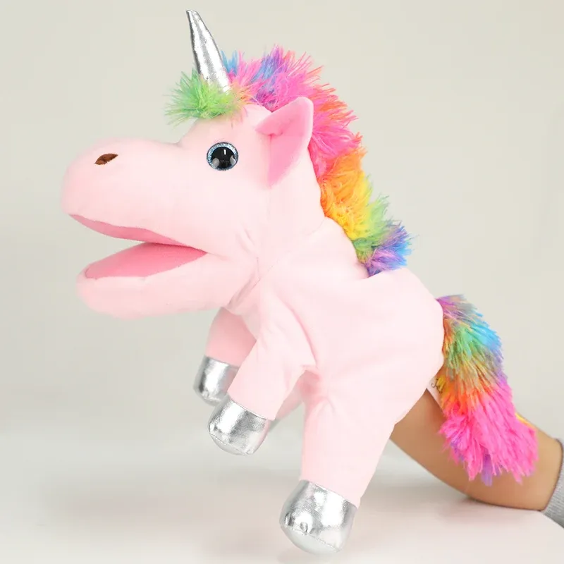 Playful pink unicorn puppet with a silver horn and sparkling details, promoting interactive fun.