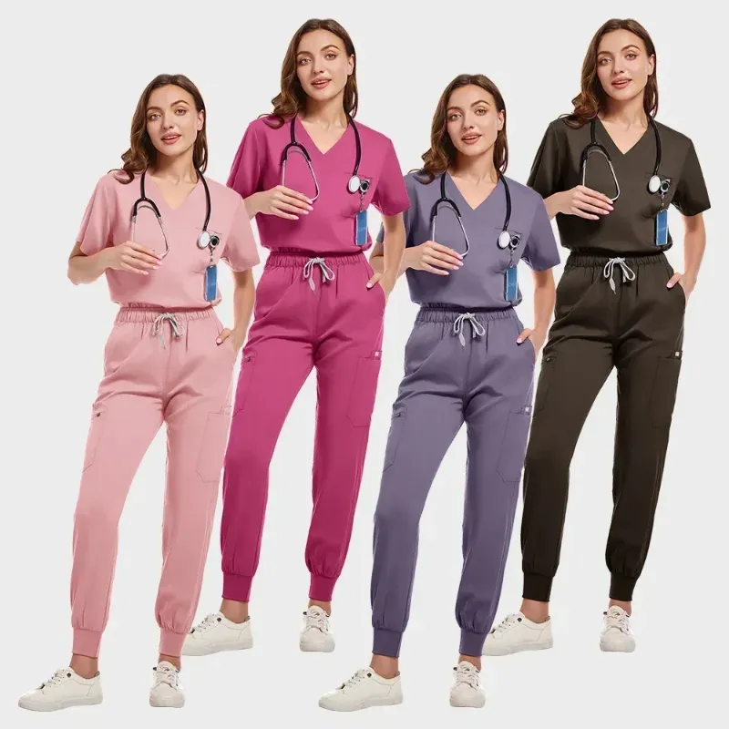 Versatile jogger scrub sets in multiple colors, including pink, purple, gray, and black.