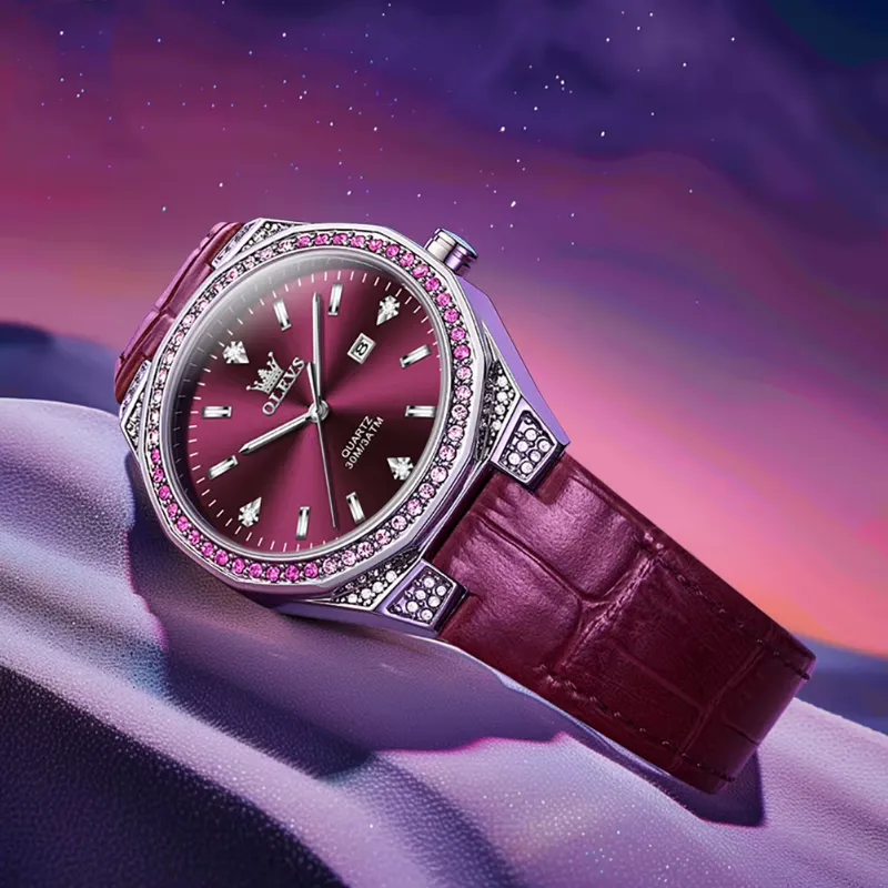 Premium Leather Strap on OLEVS Women's Diamond Fashion Watch