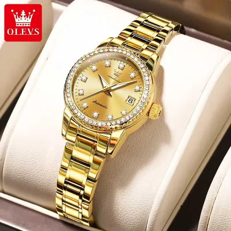 OLEVS Women’s Automatic Mechanical Watch with Diamond Dial and Stainless Steel Band