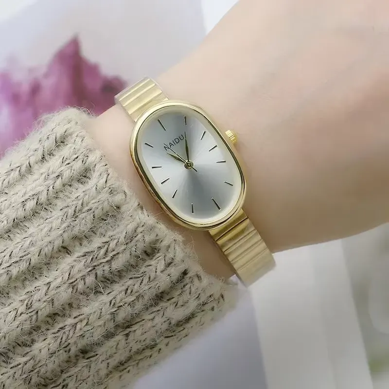 Sustainable bamboo band on oval women’s wristwatch