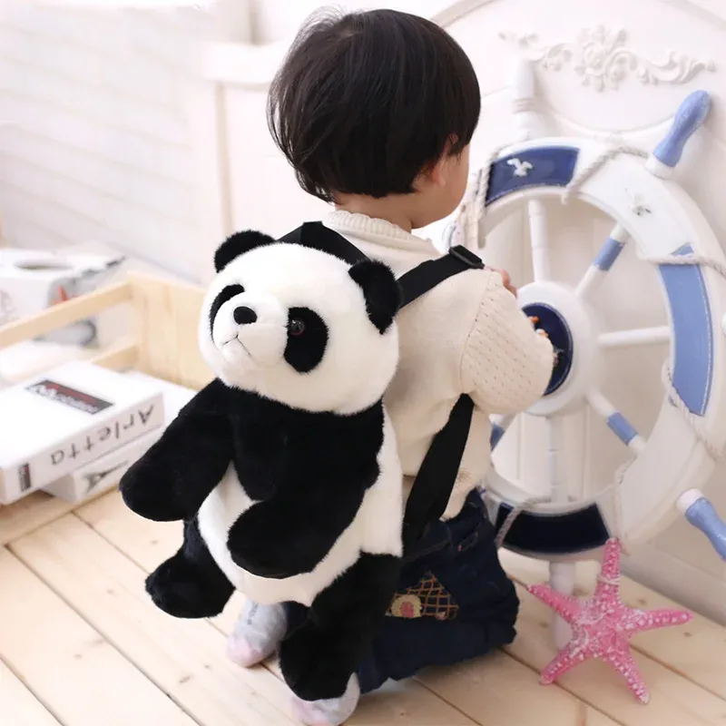 Child Wearing the Adorable Panda Stuffed Animal Backpack – Soft and Comfortable.