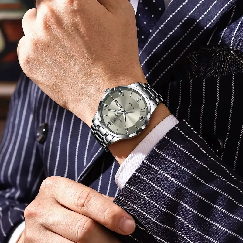 POEDAGAR stainless steel watch worn casually with leather jacket