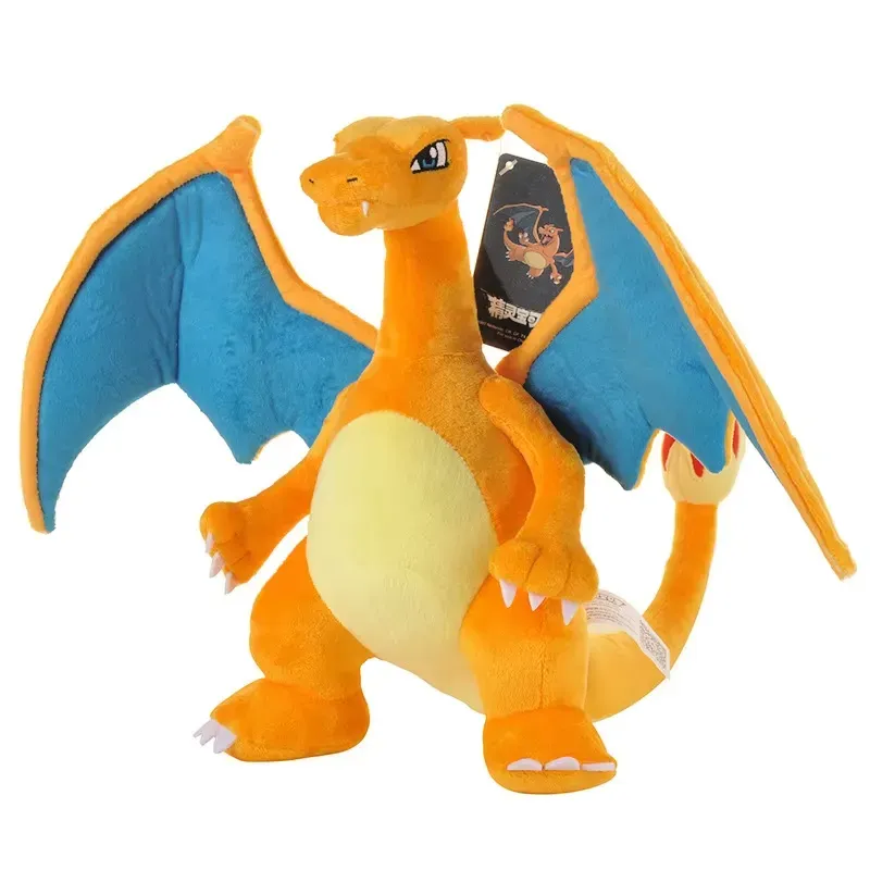 Charizard Pokémon plush stuffed toy with bold orange and blue hues, displaying fierce yet charming details.