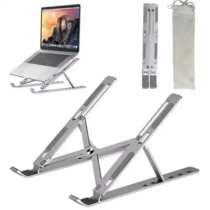 Portable Aluminum Laptop Stand with adjustable height and included carrying bag for easy transport.