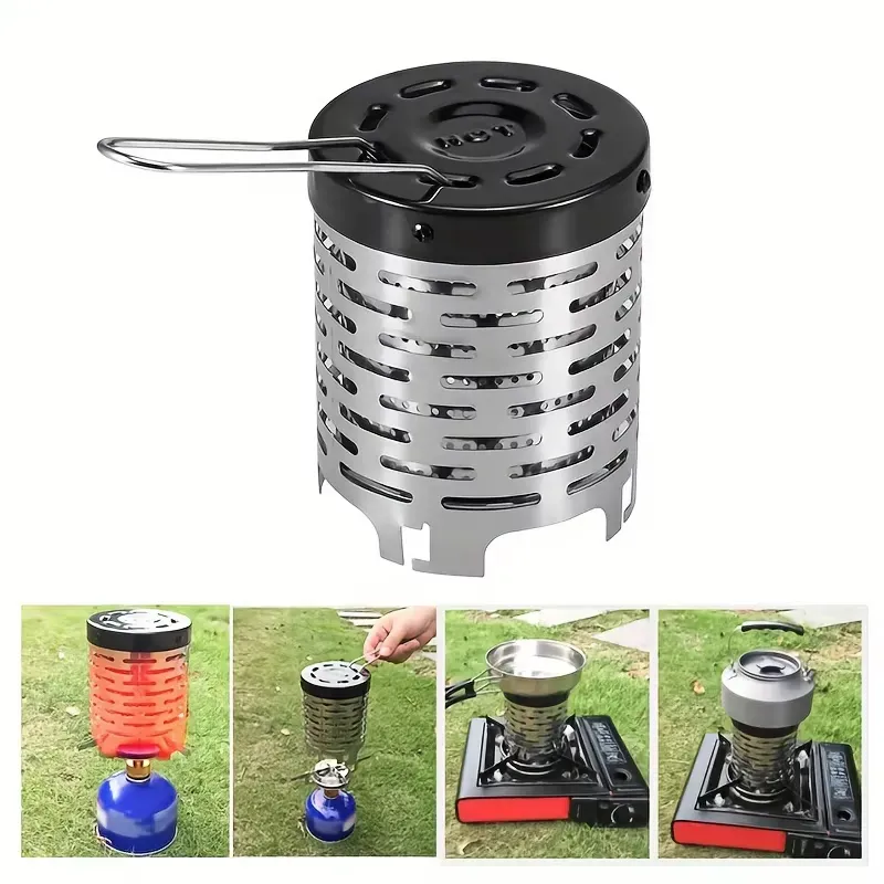 Portable camping gas heater in multiple outdoor settings, demonstrating its versatility and functionality.