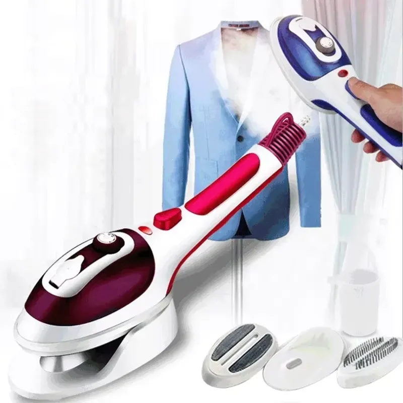 Hand holding the Portable Traveling Clothes Steamer to iron a suit jacket, showcasing its effectiveness in removing wrinkles from formal attire.