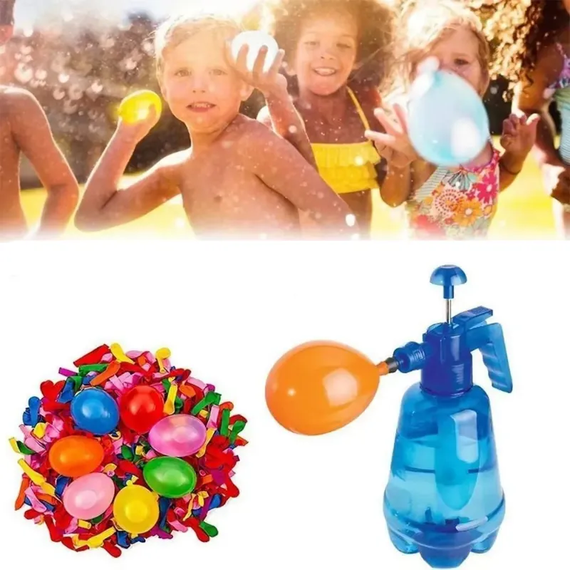 Children enjoying a water balloon fight, with a collection of colorful balloons and a portable water balloon pump ready for action.