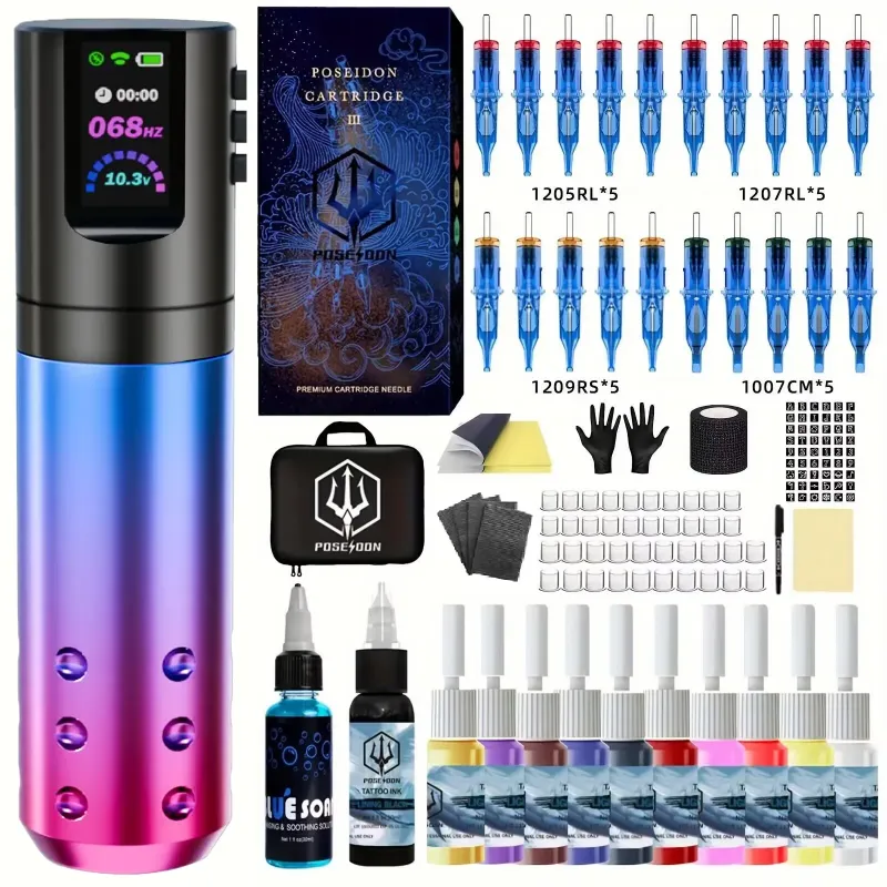 Poseidon Tattoo Pen Kit with advanced features, ink bottles, and additional tools.