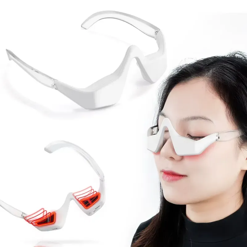 Red Light Eye Therapy Glasses being worn by a person, showcasing the device's design and functionality.
