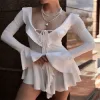 Ruffled Lace-Up Mini Dress – V-Neck Long Sleeve Bandage Dress for Women
