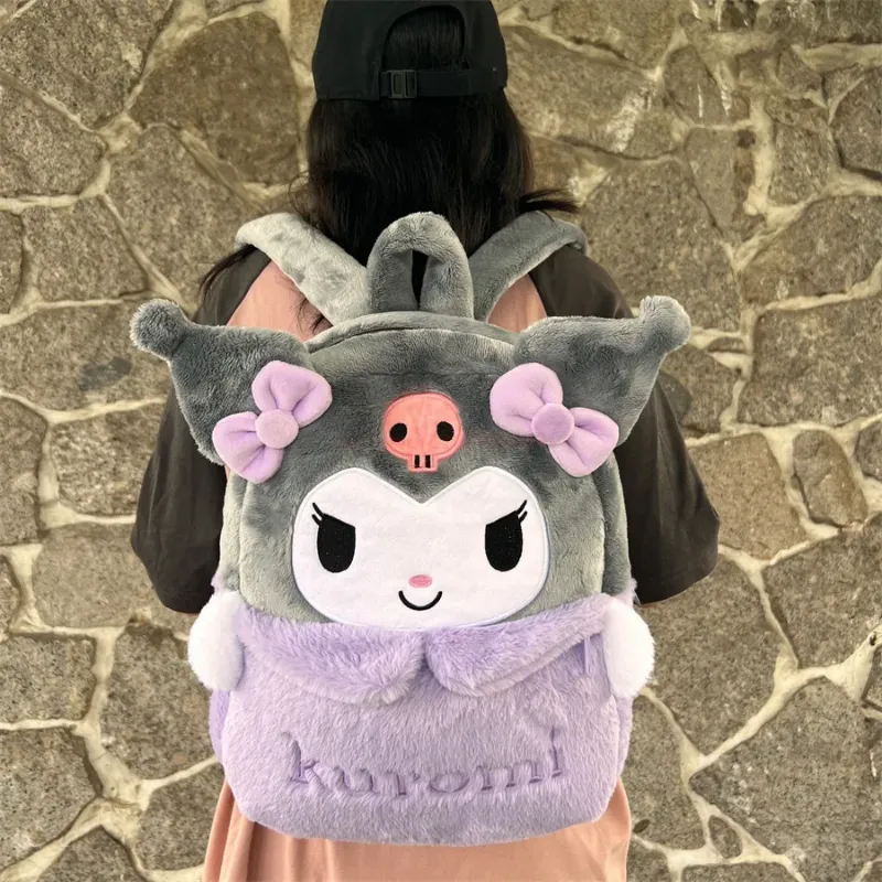 Cute Kuromi plush backpack in gray and purple, perfect for kids who love Sanrio characters.