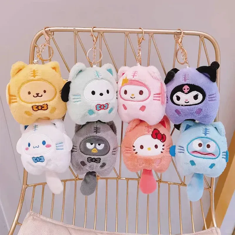 Adorable Sanrio Plush Keychains hanging on a gold wire rack, showcasing a variety of cute designs.