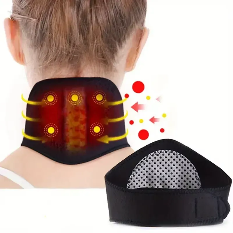 Self-Heating Magnetic Neck Support – Worn by Model Showing Heat Activation and Comfort Fit.