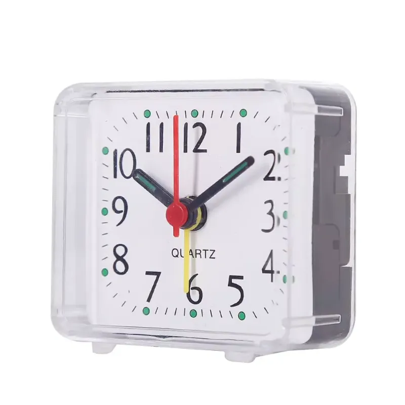 Front view of the small digital alarm clock, featuring a clear display with bold numbers and hands.