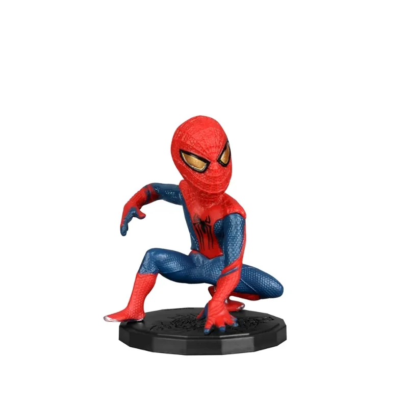 A single Mini Spider Collectible figure in a low crouching pose, featuring the Amazing Spider-Man suit with textured details and metallic gold lenses on a black web-themed base.
