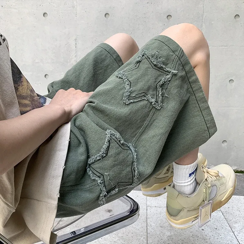 Men's Vintage Denim Star Patchwork Shorts - High Waist Summer Streetwear with Ulzzang Chic Style