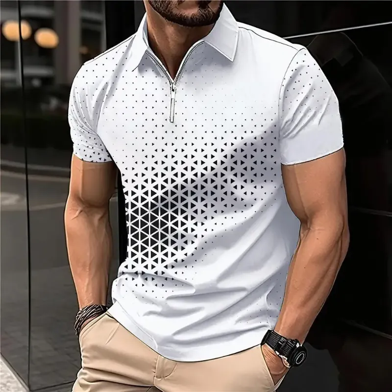 Men's white summer polo shirt with bold geometric patterns and a front zipper.
