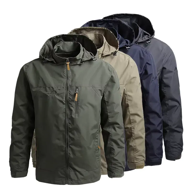 Tactical Windbreaker Jacket available in multiple colors (black, gray, beige, navy blue), highlighting its versatility and stylish design.