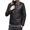 Model showcasing the Vintage Brown Leather Jacket with a plush fleece-lined interior.