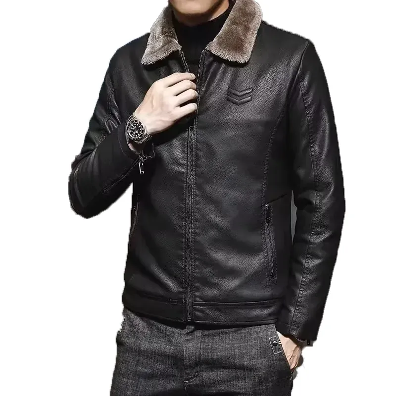 Model showcasing the Vintage Brown Leather Jacket with a plush fleece-lined interior.