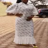 White Lace Dress for Women - Elegant midi dress with puff sleeves and pleated hem for wedding guests.