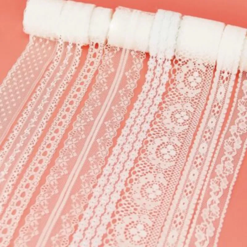 Collection of white lace ribbons in varying widths and designs, showcasing versatility for different crafting needs.
