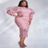 Women Plus Size Formal Dress - Elegant Pink Lace Midi Dress for Wedding and Cocktail Parties