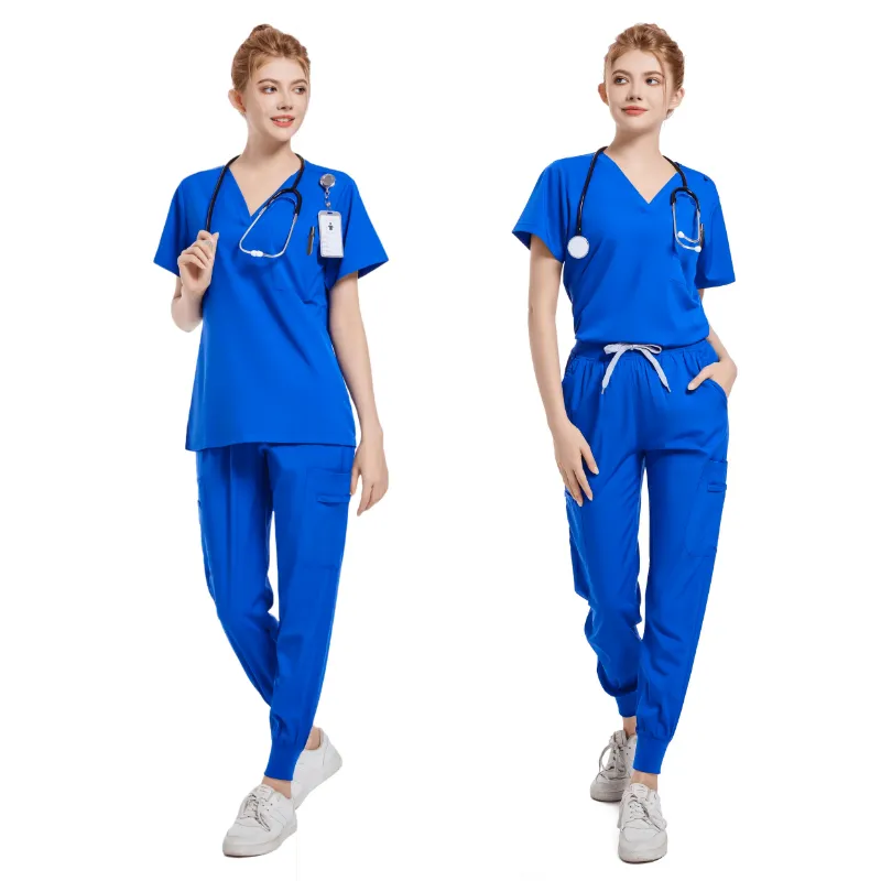 Stylish women's medical scrub set in vibrant purple, featuring a V-neck top and drawstring pants.